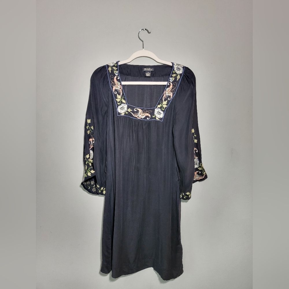 🌞 LUCKY BRAND 100% Silk Dress | Floral Embroidery | Square Neck | size M